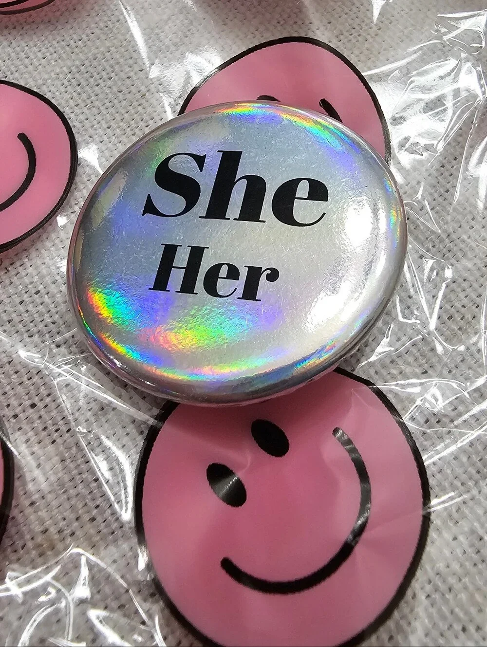 She/Her Pinback button LGBTQI+ metallic Silver & Black holographic effect NWOT
